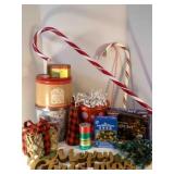 Wood Merry Christmas sign, Candy Canes, Tins,