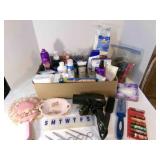 Hair dryer-powers on, shampoo, brushes, lotions