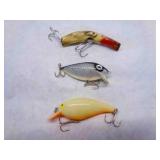3 Fishing Lures, Wood Lured w/brass tail end, Thin
