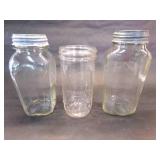 3 Vintage canning odd shaped jars, zinc lids
