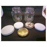 2 square glass jars, 5 lids-jars have same design