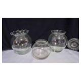 3 Clear Circular Glass Vases & Glass Lid