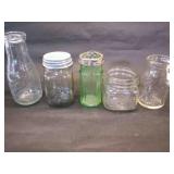 5 jars, green glass shaker-top looks new, bottle