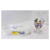 Milk Glass Fire King Loaf Pan Hand Painted Fruit