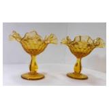 2 Amber Fenton Art Glass Compote "Thumbprint"