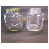2 glass square jars-ribbed sides, 1 lid, vintage