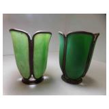 Pair Green Slag Glass Tulip Flower Lamp Shades