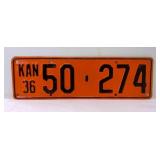 1936 Orange & Black License Plate Number 50-274 KS