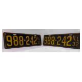 1932 Navy Blue & Yellow Double License Plates ILL