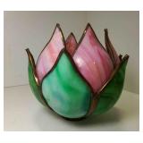 Early Slag Glass Pink & Green Lotus Tulip Lamp