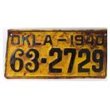 1940 Oklahoma Yellow & Black License Plate No.