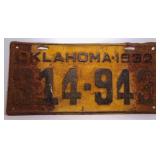 1932 Oklahoma Yellow & Black License Plate No.