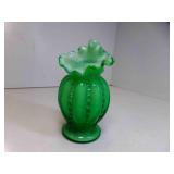 Fenton Green Overlay Beaded Melon Mini Bud Vase
