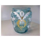 Blue Art Glass Vase w/Hand Painted Floral And