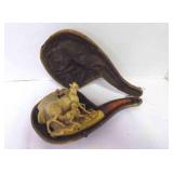 Meerschaum Carved Horse & Dog Smoking Pipe w/Case