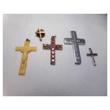 5 Religious Cross Pendants & Lapel Pin