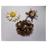 3 Vintage Flower Brooches One w/Rhinestones