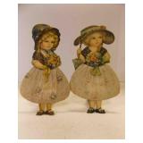 2 Paper Doll Stands w/Real Cloth Skirts