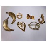 7 Gold Tone Brooches Bow is Missing Rhinestones