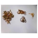 4 Vintage Gold Tone Brooches (Heart Missing