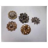 5 Vintage Round Brooches No Markings