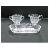 Fostoria Chintz glass sugar bowl, creamer & pickle