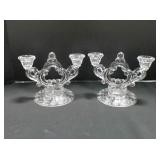 2 Cambridge Rose Point etched glass candle sticks