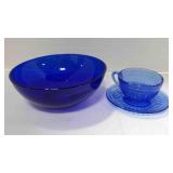 cobalt blue bowl & Hazel Atlas Aurora tea cup and