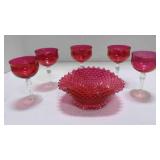 5 Vintage cranberry glass coupes & diamond/hobnail