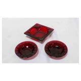 Vintage Ruby Red square ashtray & 2 footed ashtray