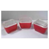 3 Vintage small Pyrex 501 red refrigerator dish