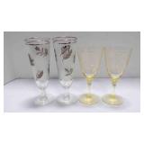 2 yellow etched wine glasses; 2 Libby frosted
