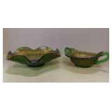 8" Green Carnival Glass Ruffled Bowl - Stippled