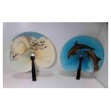 2 Vintage Metal & Paper Folding Fans - Animal