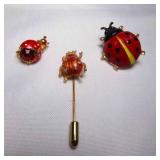Gold Tone Red Enamel Big Red Rhinestone Ladybug