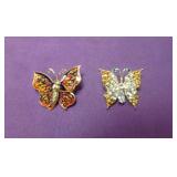 2 Vintage Gold Tone Butterfly Brooches - Sparkly