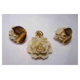 Vintage CATHE Carved White Flower Necklace Pendant