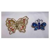 2 Vintage Butterfly Brooches - Gold Tone w/Pink