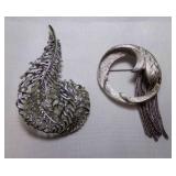 Vintage Sliver Tone Textured Feather Brooch Signed