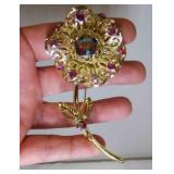 Vintage Gold Tone Filigree Flower Brooch w/Faux