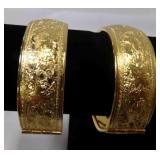 2 Gold Tone Hinged Bangle Bracelets Floral & Leaf