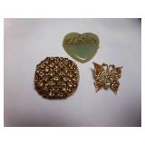 Gold Tone Filigree Brooch w/Yellow & Brown Bling