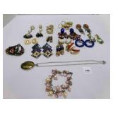 14 earrings 1 bracelet, necklace, costume jewelry