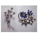 2 Vintage Silver Tone Blue Rhinestone Floral