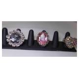 3 Oversized Bling Rings 2 w/Elastic Bands Fashion