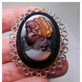 Vintage Carved Faux Tortoise Cameo Brooch - No