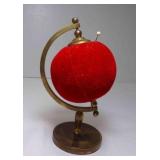 Vintage Red Velvet Globe Pin Cushion Brass Tone
