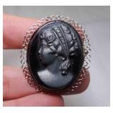 Vintage Cameo Brooch Black Satin Glass Silver Tone