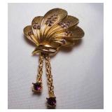 Vintage CATHE Flower Brooch w/2 Dangle Chains