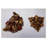 2 Vintage Mid Century Rhinestone Brooches Brown,